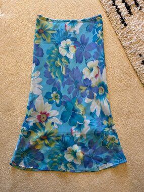 Y2K Vintage / Floral Midi Skirt / Blue & Yellow Floral / Spring & Summer